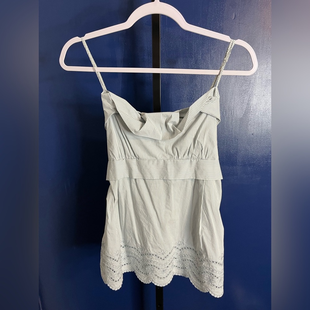 BCBGMaxAzria Light Blue & White Striped Eyelet Hem Tank